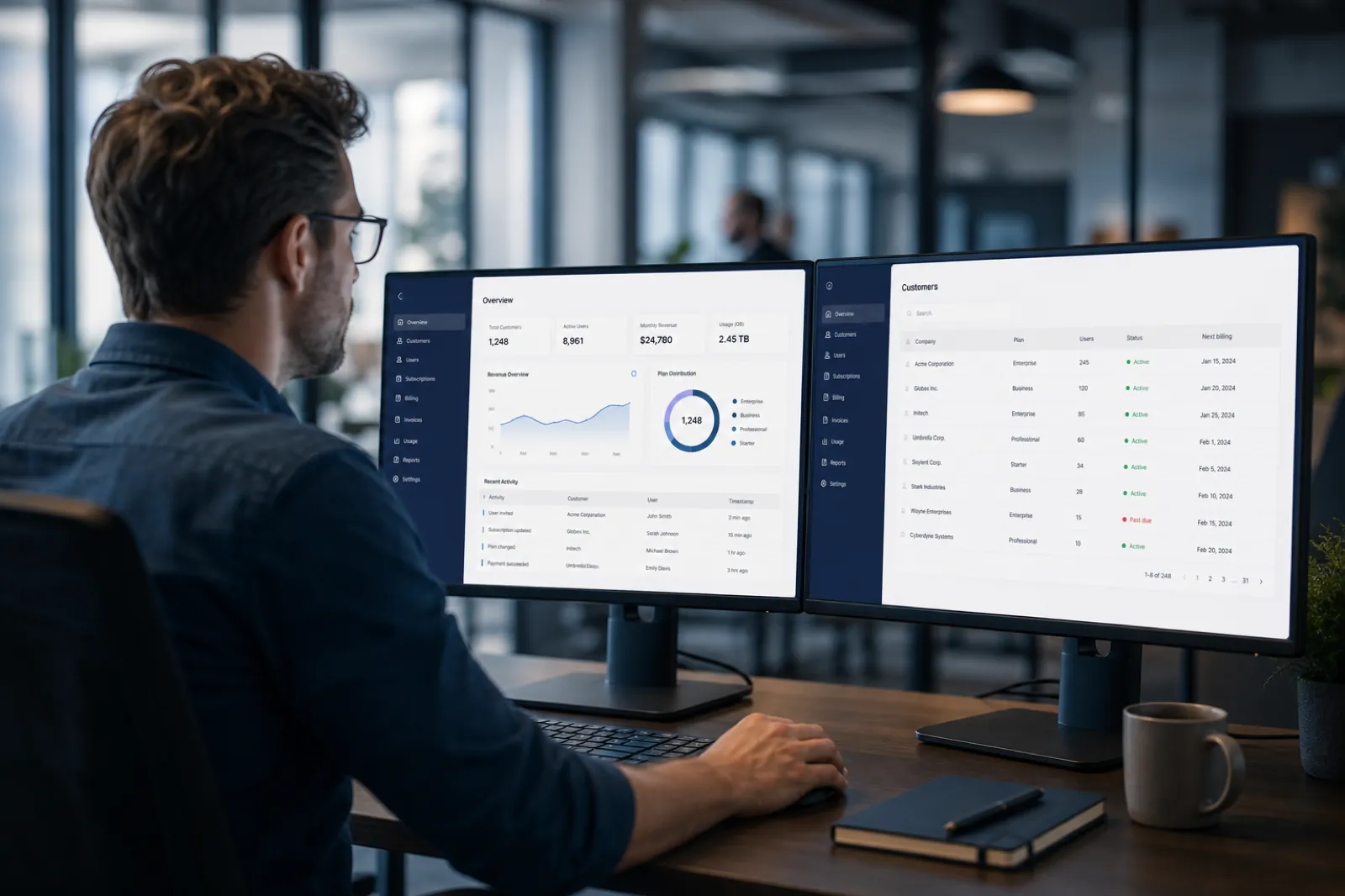 Illustrative workspace showing dual monitors with a modern B2B SaaS admin dashboard interface.