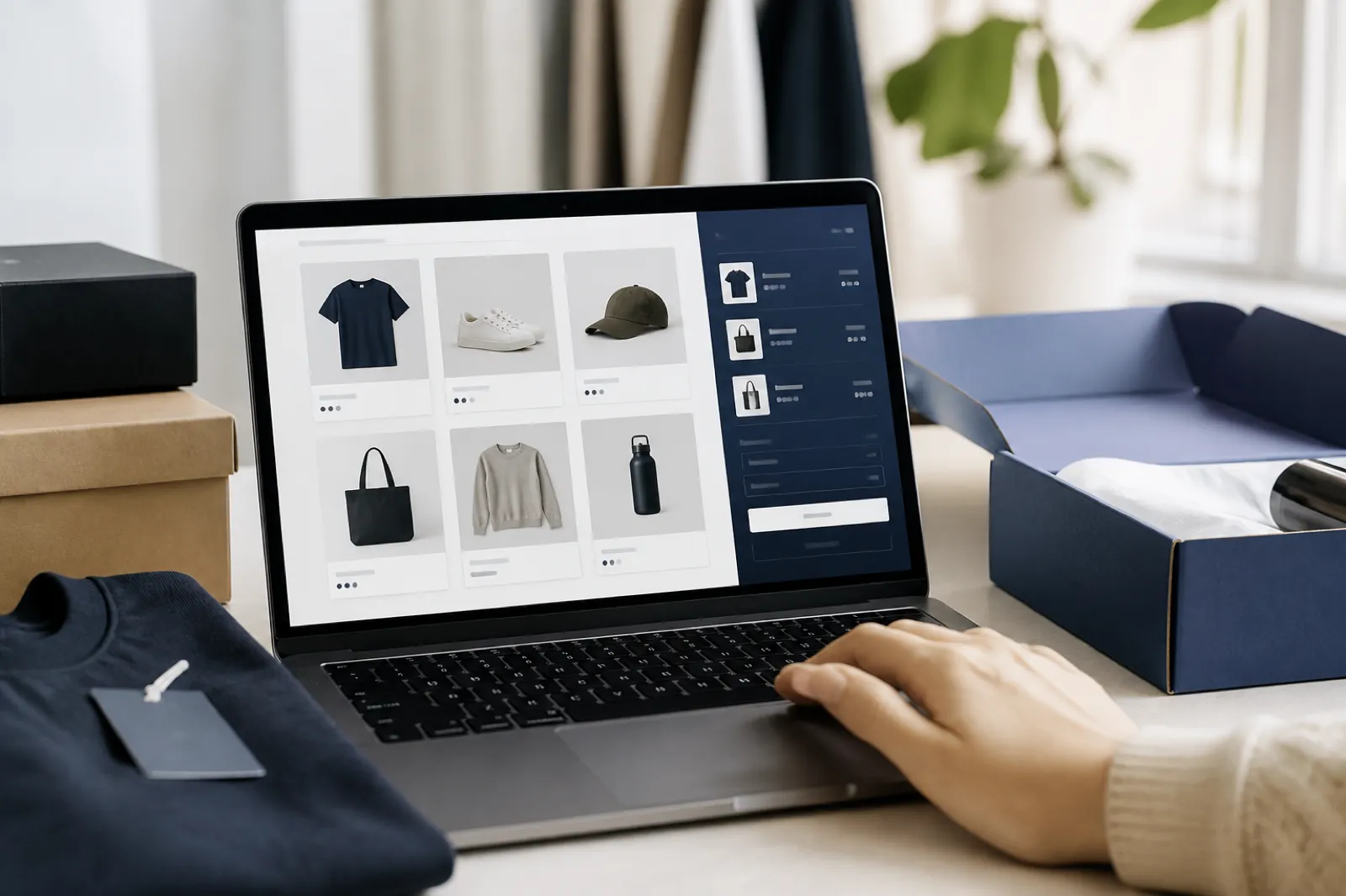 Illustrative commerce workspace with a laptop storefront product grid beside premium product packaging.